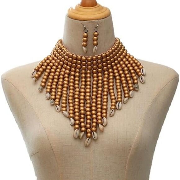 Wooden Beaded Bib Necklace Earrings Set African Boho Chunky Layered for Women - Picture 3 of 5